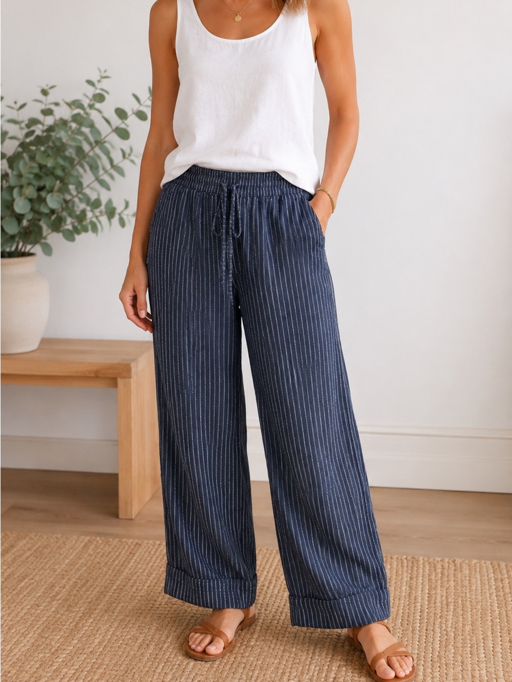 Linen-blend Navy Pinstripe  Wide Leg Pants